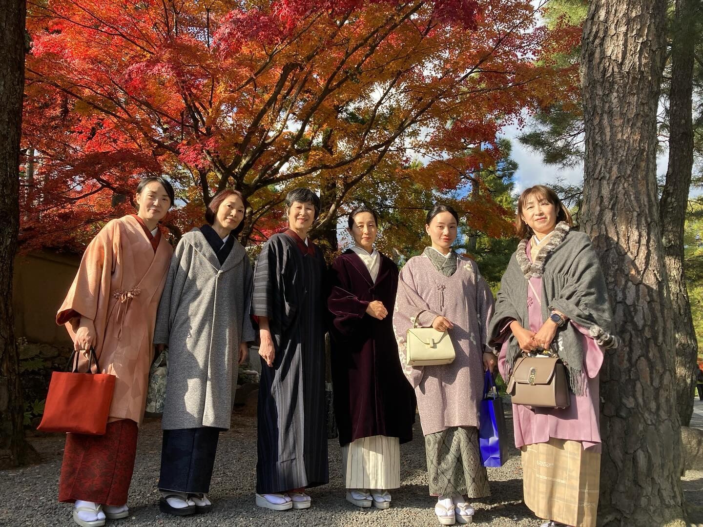 紅葉の下で着物を楽しむ受講生